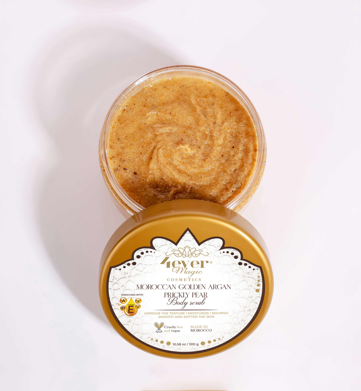 Open golden body scrub jar with textured scrub surface, Moroccan argan prickly pear