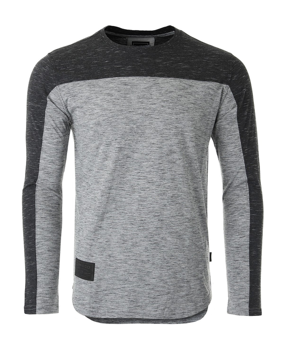 Men's color-block long-sleeve athletic shirt, heather gray and dark charcoal, curved hem