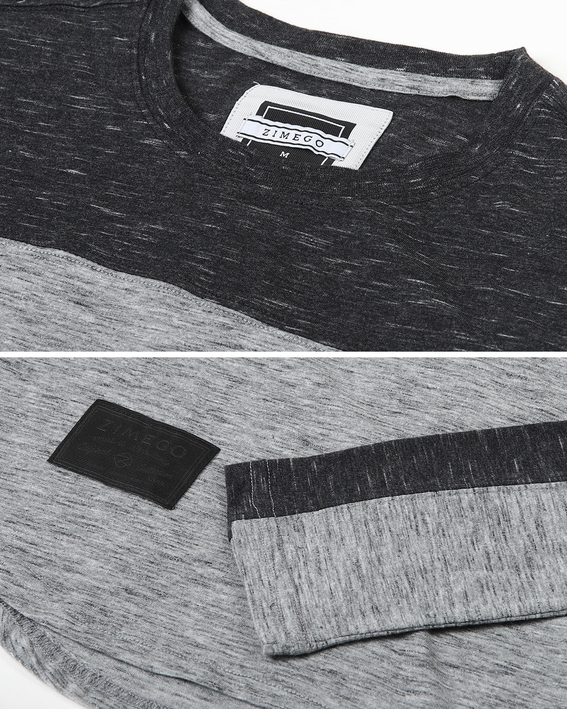 Long-sleeve crewneck shirt neckline label and tag, heather gray with dark charcoal trim