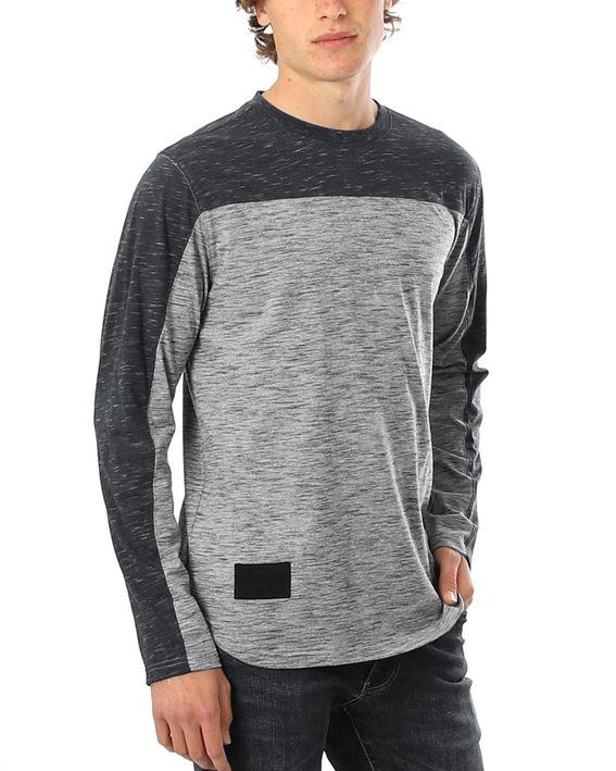 Men's athletic long-sleeve crewneck with color blocks, heather gray front and dark sleeves