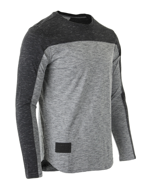 Men's heather gray long-sleeve shirt with dark charcoal side panels and curved hem