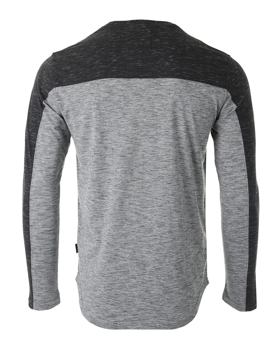 Men's heather gray and dark charcoal long-sleeve crewneck shirt, back view with curved hem