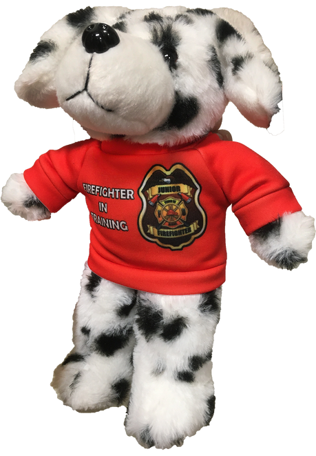 Dalmatian plush stuffed animal wearing red firefighter training T-shirt, black spots