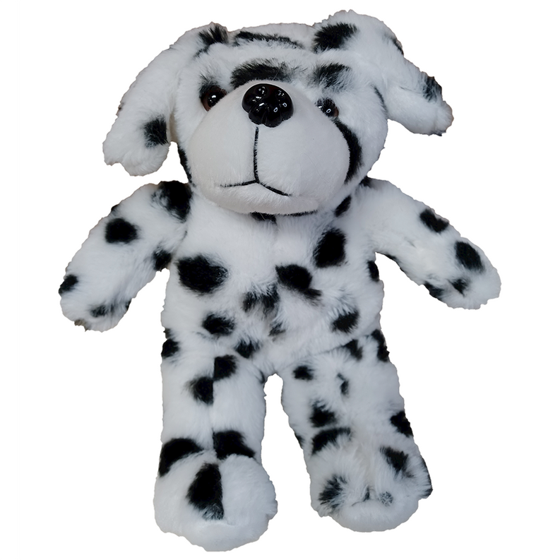 Dalmatian plush stuffed animal lying with arms out, black-and-white spotted fur, round nose