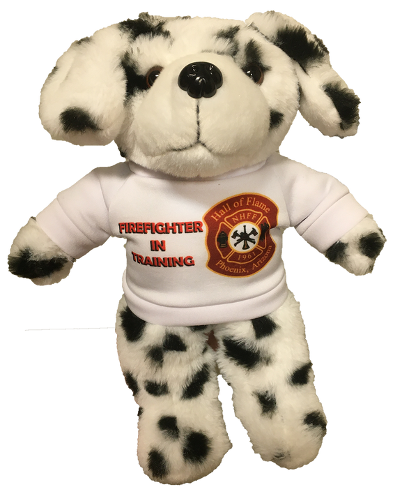 Dalmatian plush stuffed animal in white T-shirt with firefighter emblem, black spots