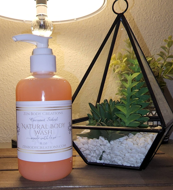 All-natural body wash bottle with lavender pump, amber liquid, front label view