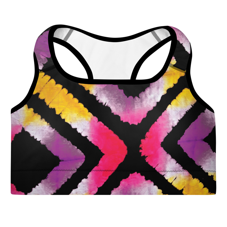 Tie-dye padded sports bra with black racerback straps and wide scoop neckline