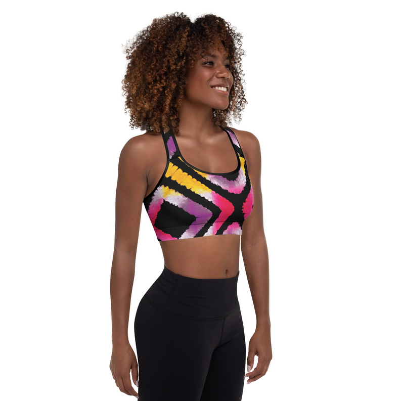 Padded sports bra, black with yellow and pink tie-dye print, racerback and wide straps