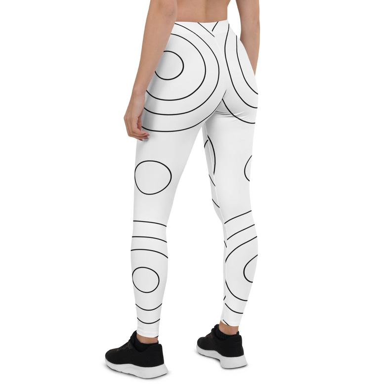White print shorts with black oval and curved line pattern, slim fit