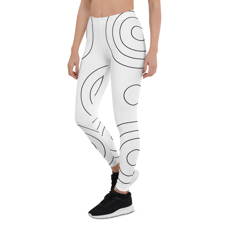 White print shorts with black curved oval motifs and linework, elastic waistband