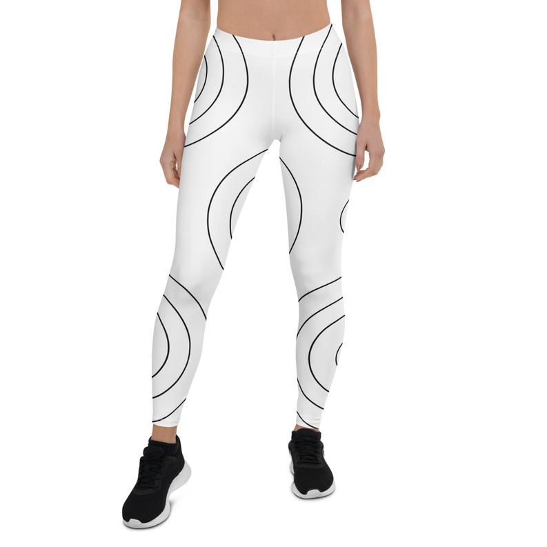 White print shorts with black circular and wave line design, full front view