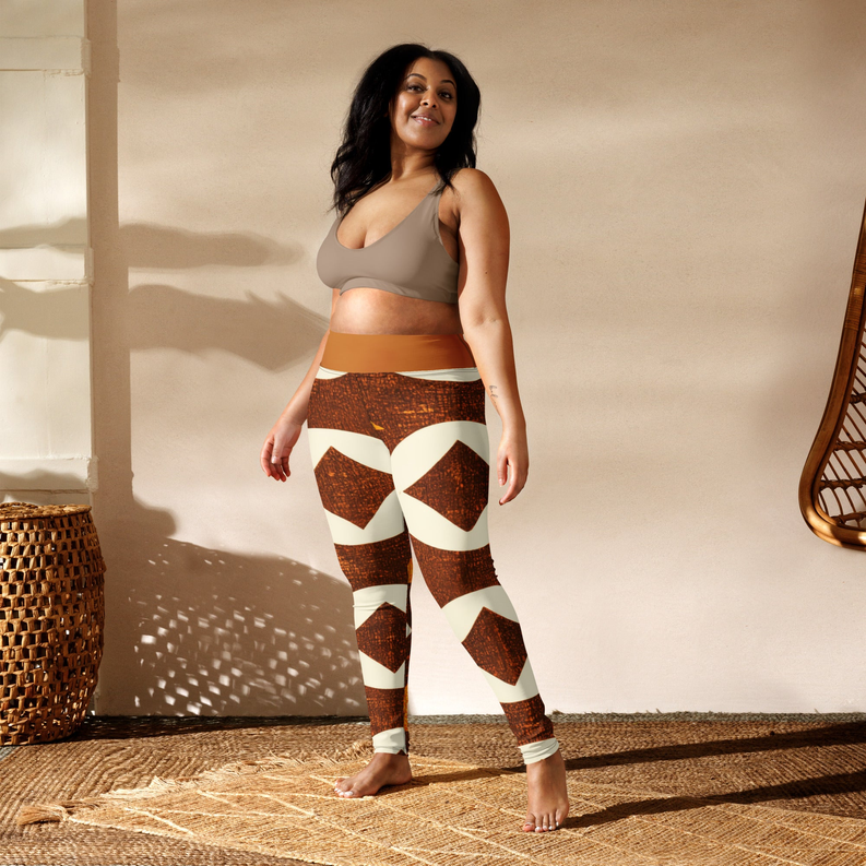 Brown yoga leggings with bold white diamond print, orange waistband, full-length