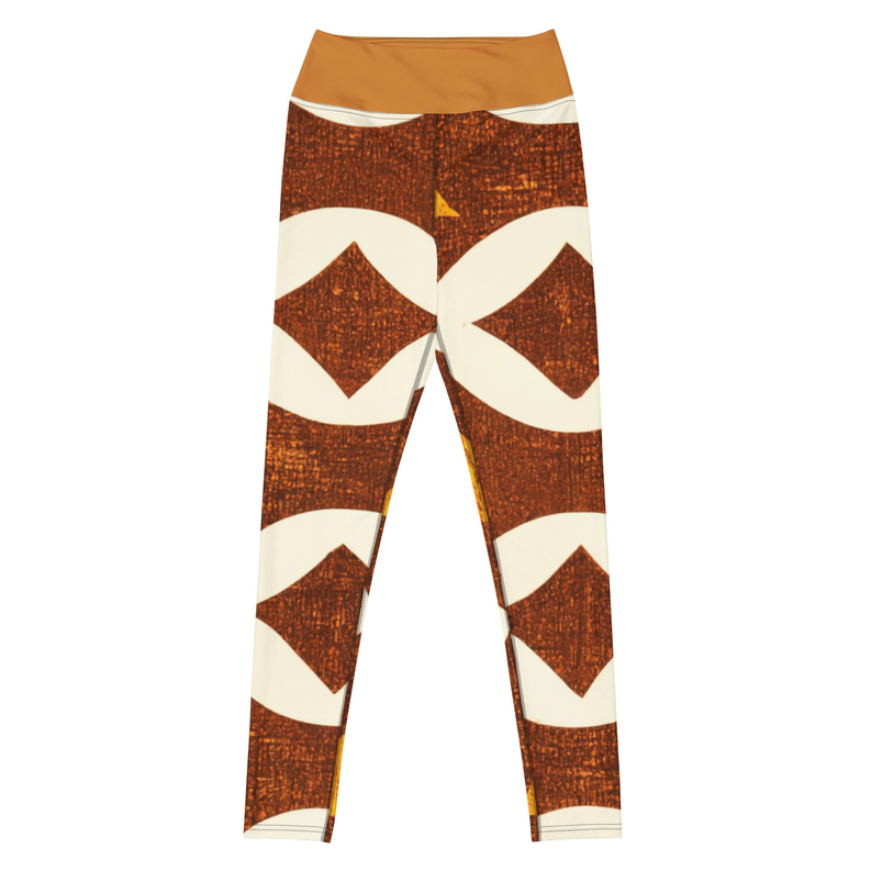 Brown leggings with white diamond-pattern panels and wide orange waistband