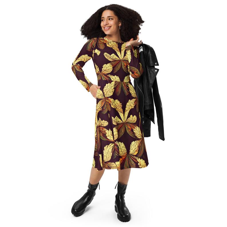 Purple leaf-print long-sleeve midi dress on model, side view