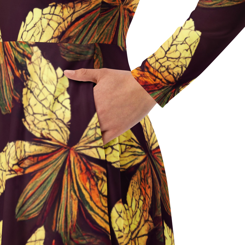 Close-up of purple leaf-print long-sleeve midi dress with gathered side seam
