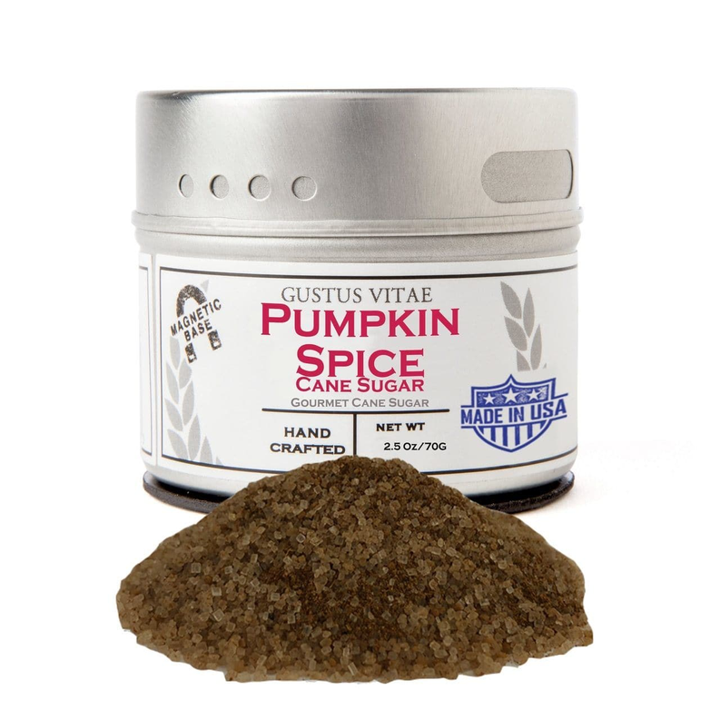 Pumpkin spice cane sugar tin with brown sugar pile