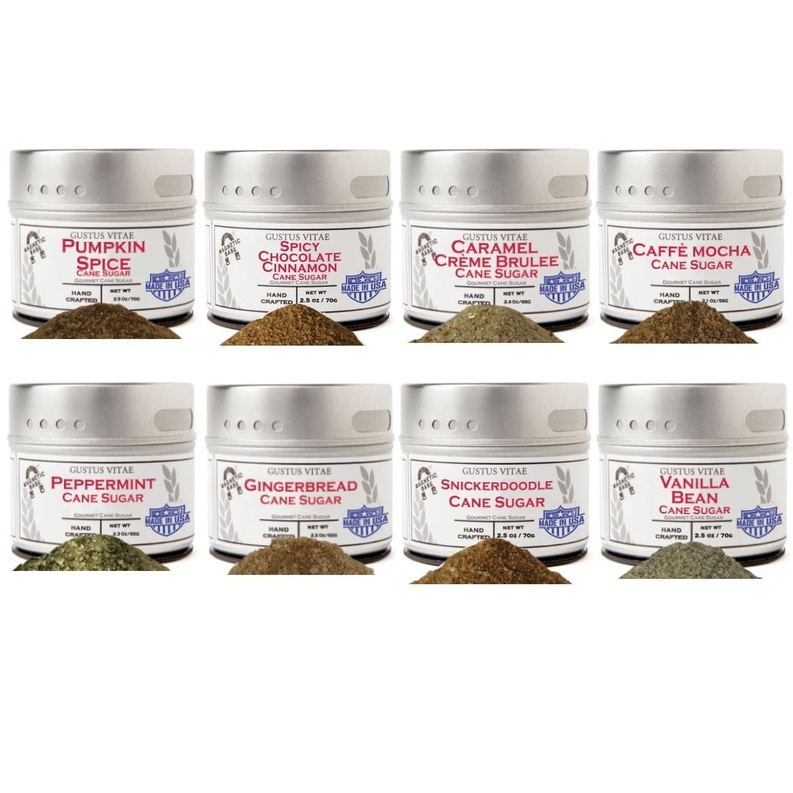 Assorted gourmet cane sugar tins set with different flavor labels