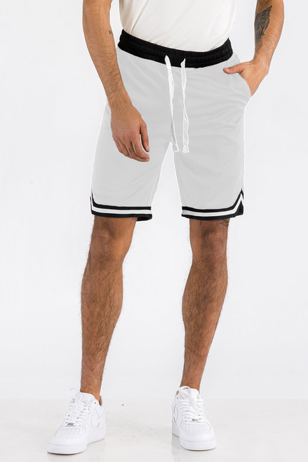 White sport shorts with black trim and drawstring waist, knee-length