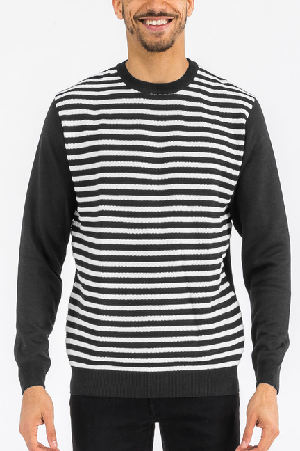 Black and white striped crewneck sweater with long sleeves