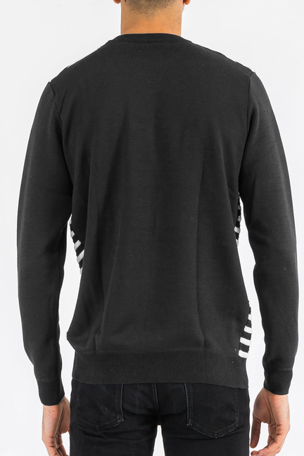 Black crewneck sweater back view with long sleeves and ribbed hem