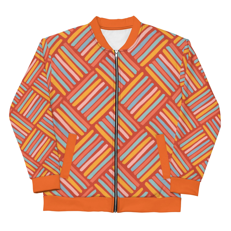 Unisex bomber jacket front view, multicolor striped pattern on orange with zipper and ribbed cuffs