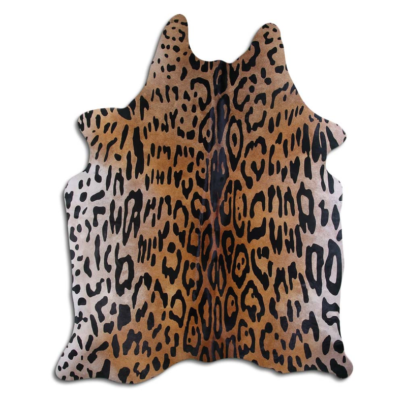 Jaguar-pattern cowhide rug hide with beige background and dark brown spots