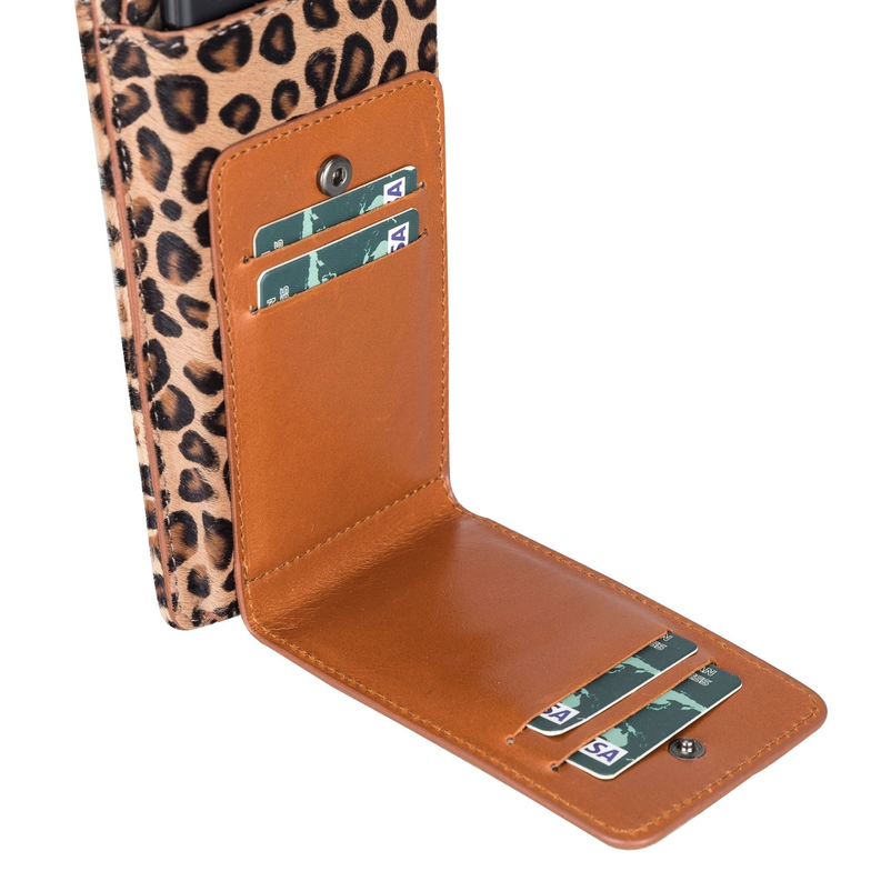 Leopard-print leather crossbody phone wallet with card slots and tan foldover flap