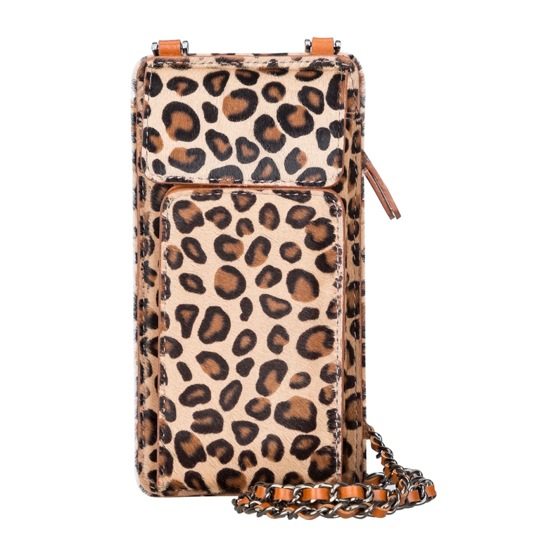 Leopard-print leather crossbody phone wallet with front flap and metal chain strap