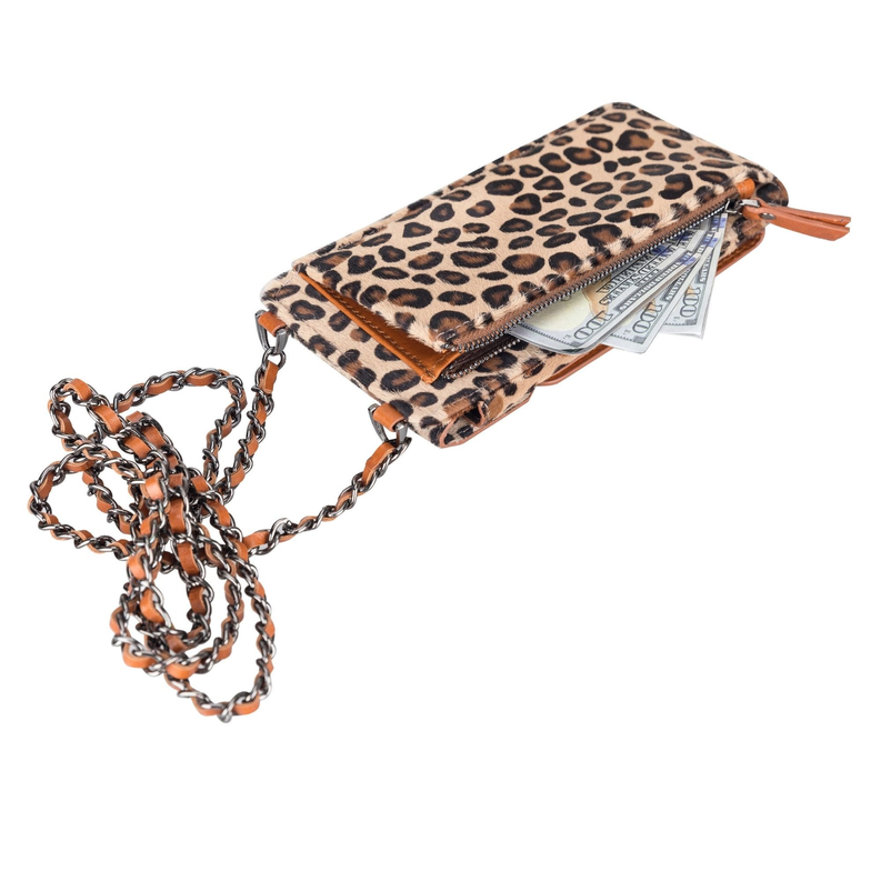 Leopard-print leather crossbody phone wallet with zipper pouch and card slots