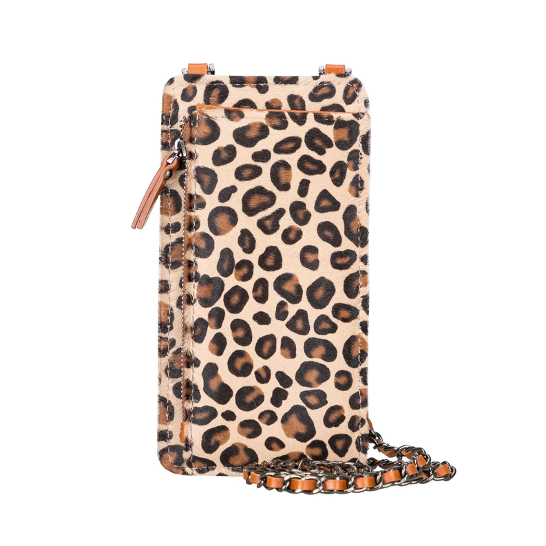 Leopard-print leather crossbody phone wallet with zipper top and dangling metal chain