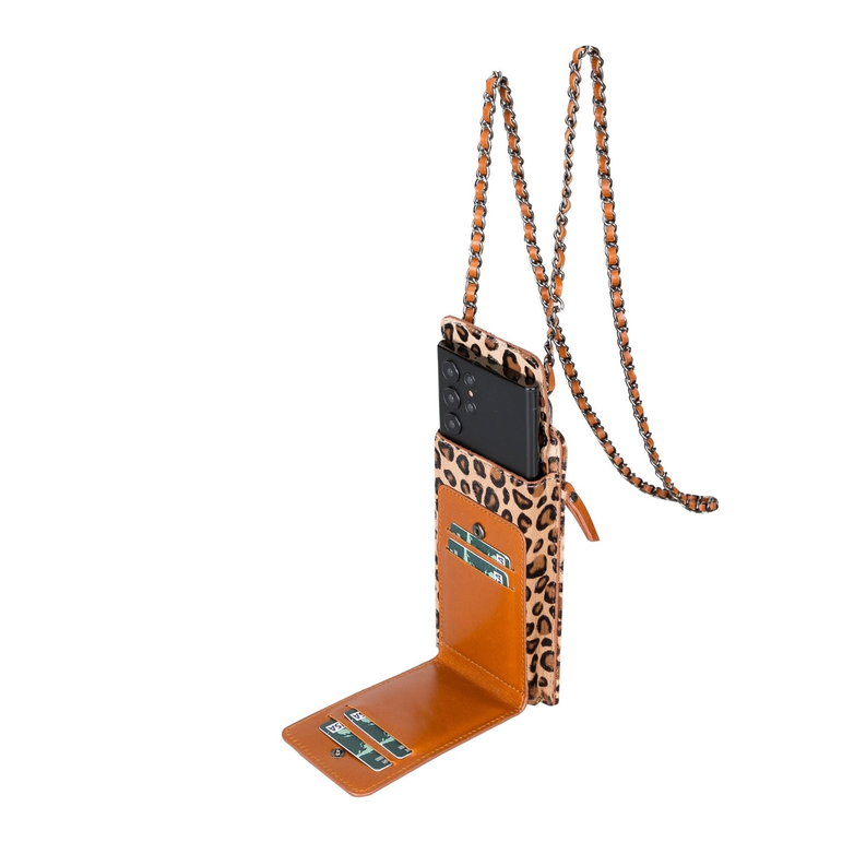 Leopard-print leather crossbody phone wallet with open card pocket and metal chain