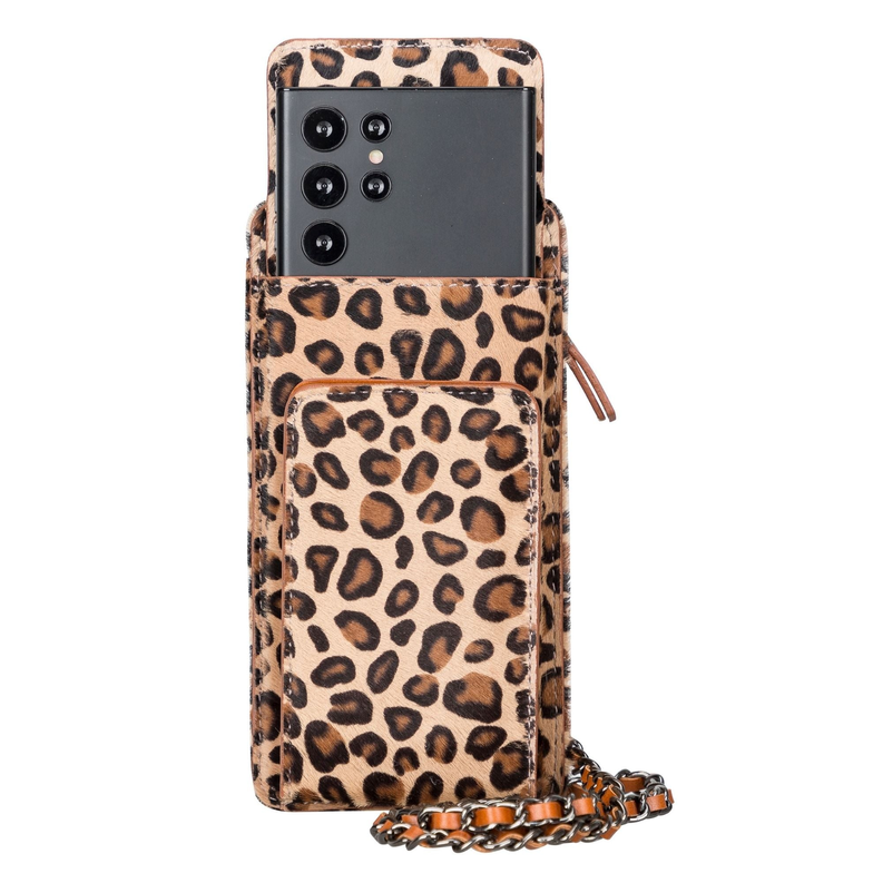 Leopard-print leather phone wallet with camera-access opening and card sleeve