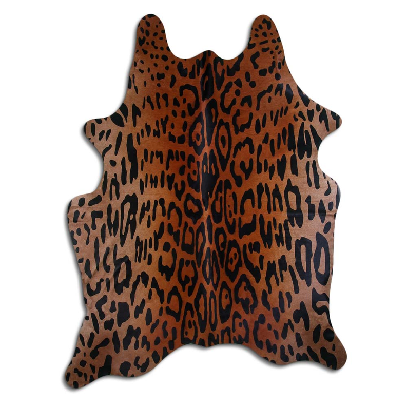 Jaguar-printed cowhide rug hide, beige with dark brown spots and stripes