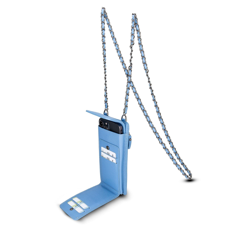 Light blue leather phone wallet with crossbody chain strap, open card slots and phone pocket