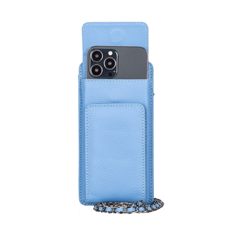 Light blue leather phone wallet with crossbody chain strap, phone pocket with camera opening