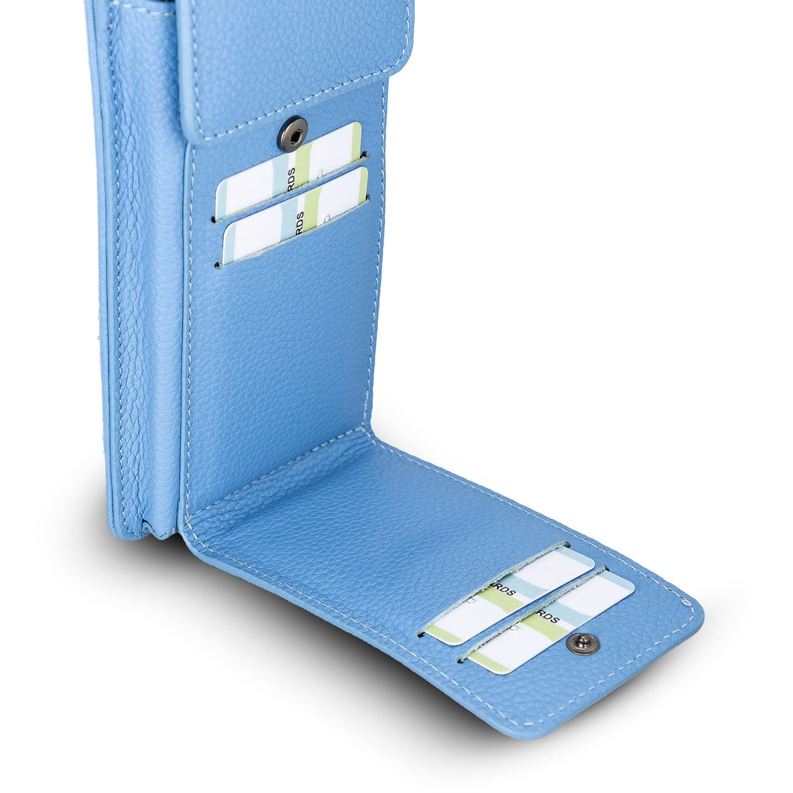 Light blue leather phone wallet interior with multiple card slots and snap-closure flap