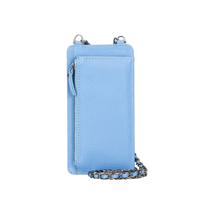 Light blue leather phone wallet with top metal rings and chain strap, slim profile