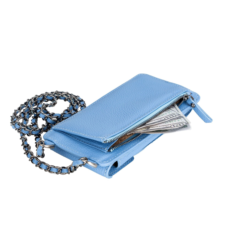 Light blue leather crossbody phone wallet with zipper compartment and chain strap, opened