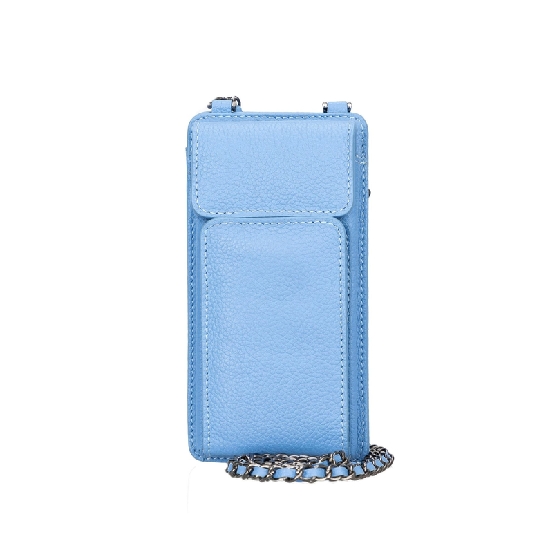 Light blue leather phone wallet with card pocket and crossbody chain strap, front view