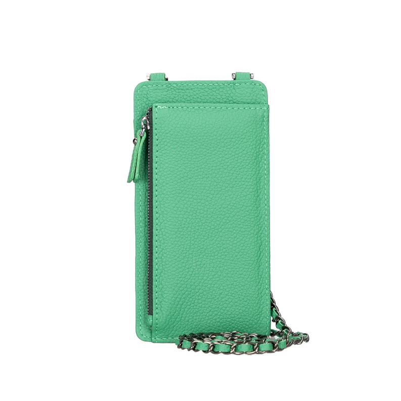 Green leather phone wallet crossbody with chain strap and zip closure