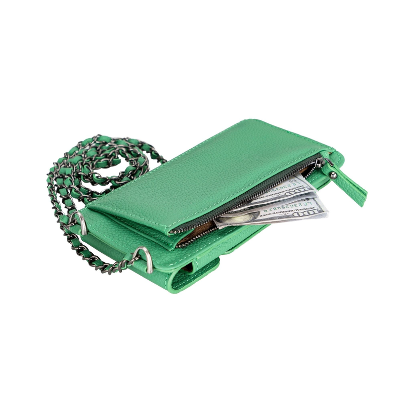 Green leather phone wallet crossbody, open zip compartment with card holders