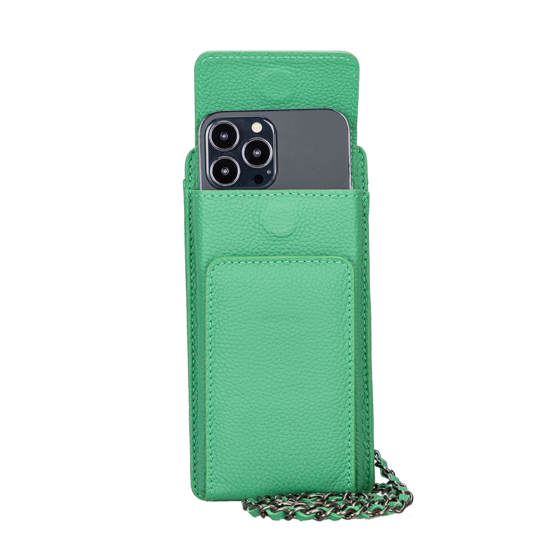 Green leather phone wallet crossbody with phone slot and chain strap