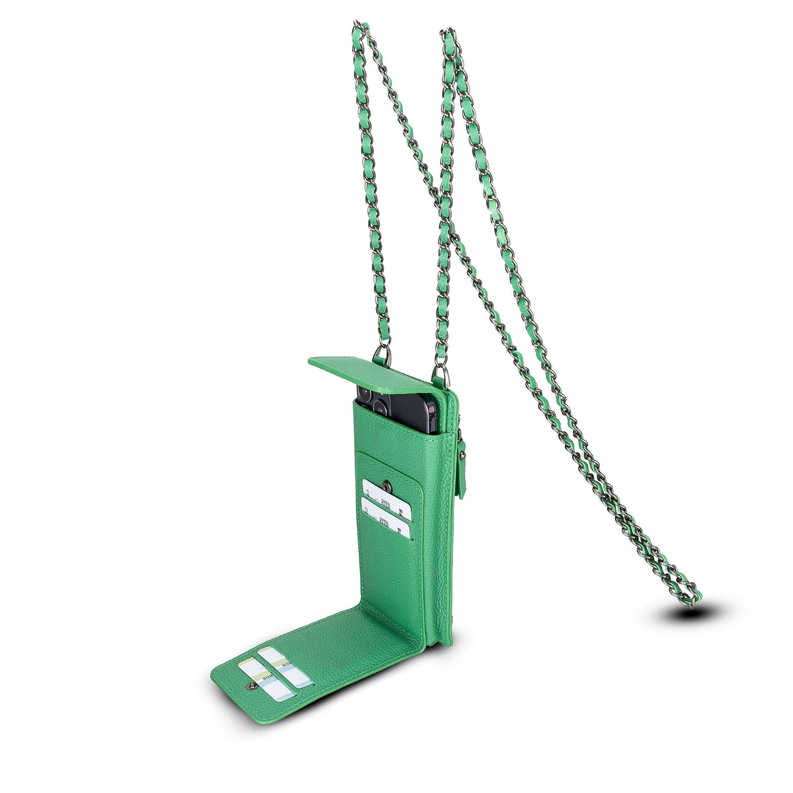Green leather phone wallet crossbody with hanging chain strap and card insert