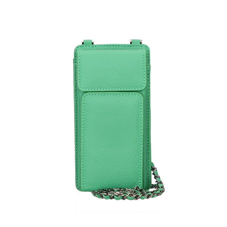 Green leather phone wallet crossbody with top tab and chain strap