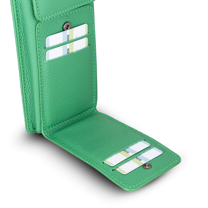 Green leather phone wallet with snap-button card slots and open front