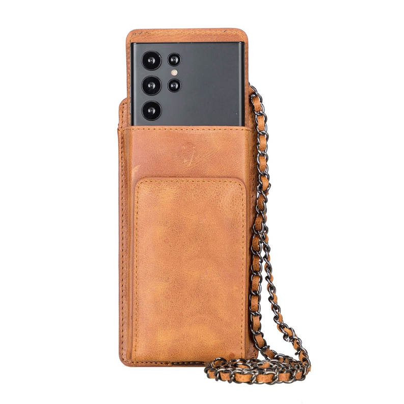 Tiguan Tan leather crossbody phone wallet with chain strap and phone pocket window