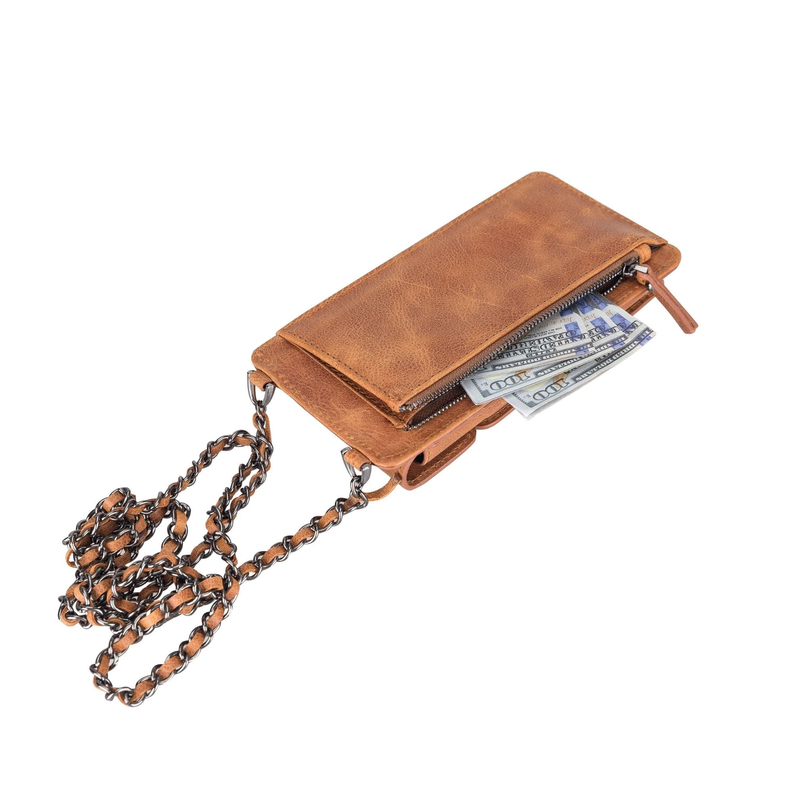 Tiguan Tan leather crossbody phone wallet opened to reveal cards and money slot