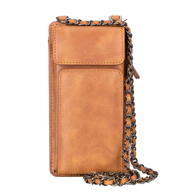 Tiguan Tan leather crossbody phone wallet with front flap and chain strap
