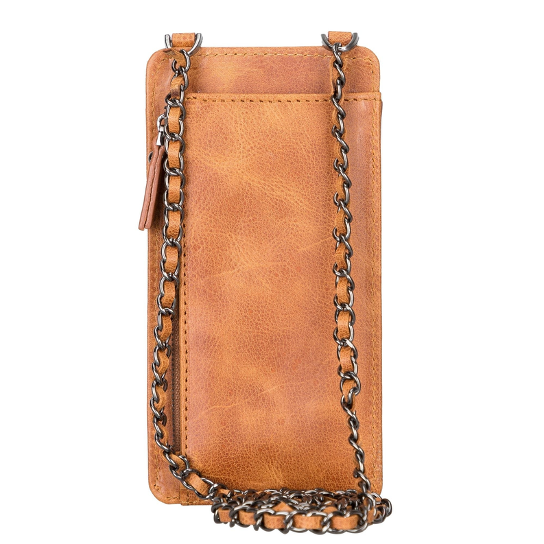 Tiguan Tan leather crossbody phone wallet with textured exterior and chain strap