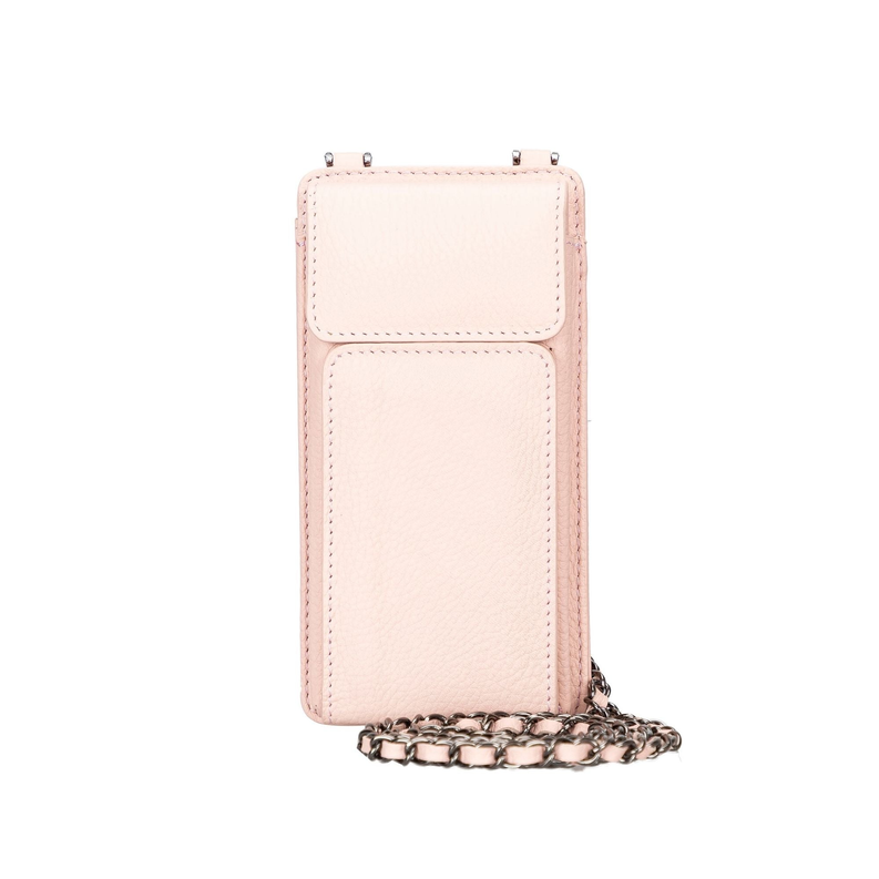 Pink leather crossbody phone wallet with top clasp and chain strap